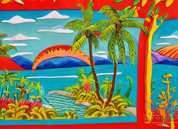 Prompt: colorized stylized bas relief sculpture of a tropical paradise in mexico folk art style