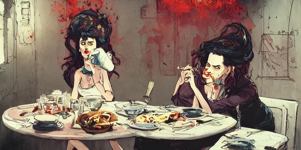 Prompt: cartoonish eva green eating dinner, vivid colors, character sheet, fine details, concept design, contrast, kim jung gi, greg rutkowski, enki bilal, trending on artstation, 8 k, full body, turnaround, front view, back view, ultra wide angle