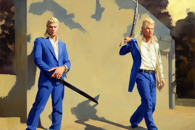 Image similar to greg manchess portrait painting of a blond man in a blue suit with a sword and a pistol, asymmetrical, profile picture, organic painting, sunny day, matte painting, bold shapes, hard edges, street art, trending on artstation, by huang guangjian, gil elvgren, ruan jia, randy vargas, greg rutkowski