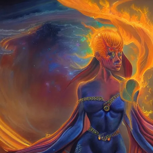 Image similar to A beautiful painting of a female cosmic being with flames as her body by Jim Burns, 8K, ultra-detailed , Trending on artstation.