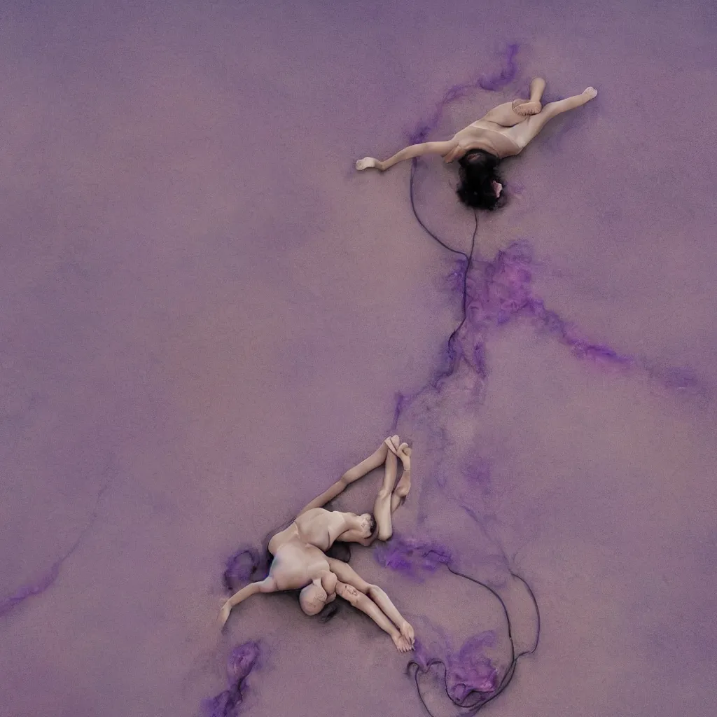 Prompt: aerial view of iridiscent oil spill in desert sand tempest with women corpses connected by cables and computers to wax forms to a buried baby relaxing on yoga mat, faded, purple gradient, dust, purple fog, depth of field, by werner herzog, hans bellmer and nadav kander, 8 k, sad atmosphere, cinematic