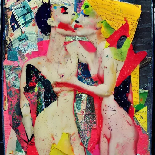 Image similar to two women kissing at a carnival in spain, mixed media collage, retro, paper collage, magazine collage, acrylic paint splatters, bauhaus, claymation, layered paper art, sapphic visual poetry expressing the utmost of desires by jackson pollock