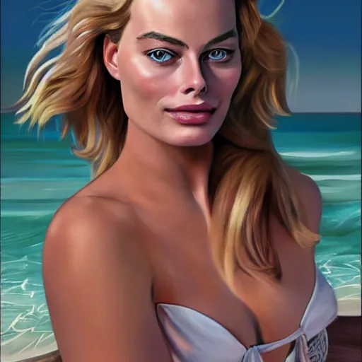 Image similar to a portrait of margot robbie holding a coctail on the beach, beautiful face, highly detailed, digital art