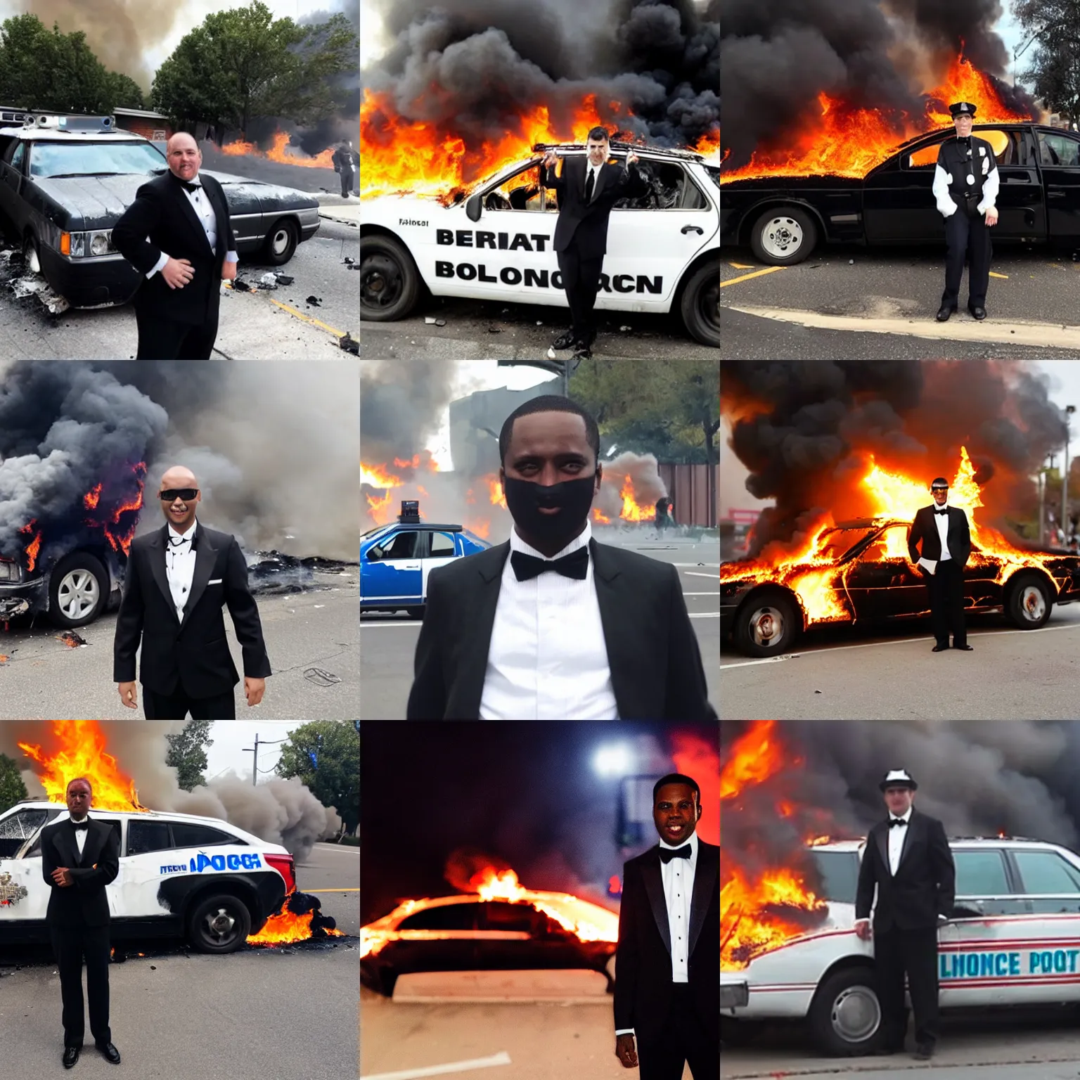 Image similar to man dressed in a tuxedo posing in front of a burning cop car during the 2020 riots, photo