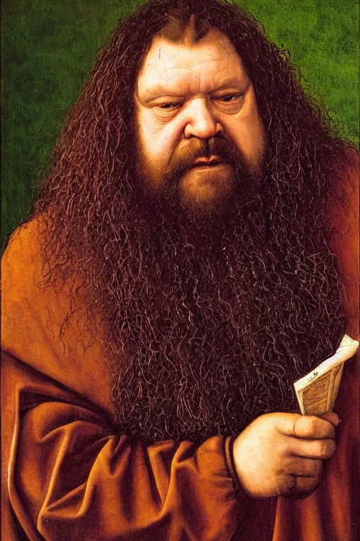 Image similar to portrait of hagrid, oil painting by jan van eyck, northern renaissance art, oil on canvas, wet - on - wet technique, realistic, expressive emotions, intricate textures, illusionistic detail