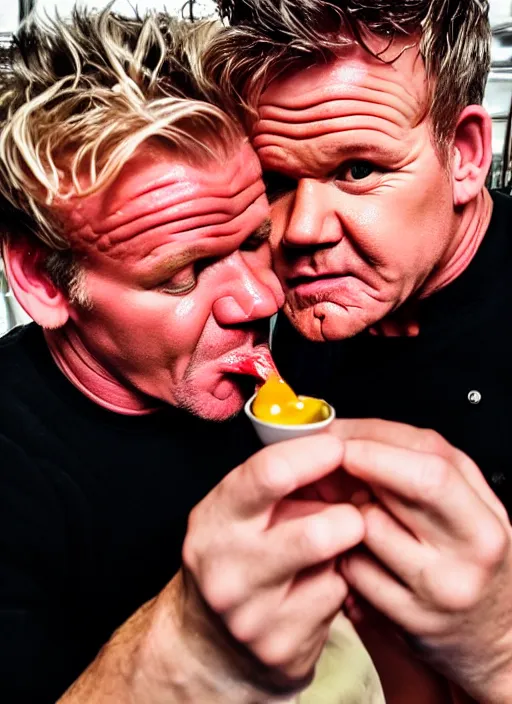 Image similar to 20mm pov photograph of gordon ramsey kissing the lens, big juicy lips, fog on lens, dripping spit, spit flecks, bokeh, cute gordon ramsay