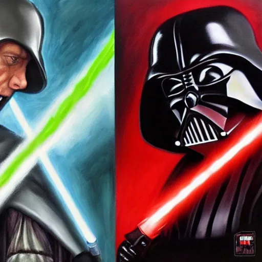Prompt: luke skywalker vs darth vader but with the art of oil painting
