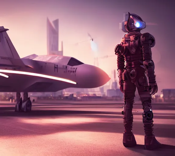 Image similar to fighter pilot stands beside futuristic sci fi fighter jet landed at runway of cyberpunk city ,dark cinematic lighting , digital concept art