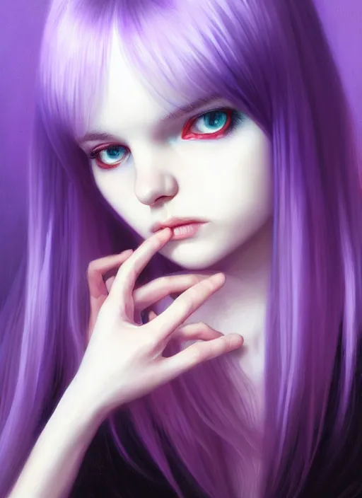 Image similar to hair whitebangs hair, black hair, whitebangs, portrait of teenage girl with white bangs, red irises, purple clothes, white bangs, bangs are different color from hair, intricate, elegant, glowing lights, highly detailed, digital painting, artstation, concept art, smooth, sharp focus, illustration, art by wlop, mars ravelo and greg rutkowski