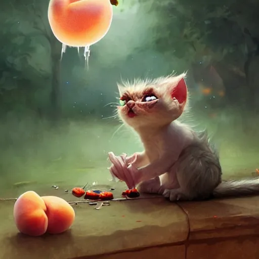 Image similar to An adorable gremlin cat stealing a peach, by Stanley Artgerm Lau, WLOP, Rossdraws, James Jean, Andrei Riabovitchev, Marc Simonetti, and Greg Rutkowski, trending on artstation