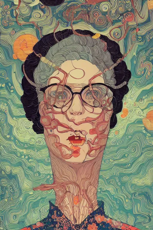 Image similar to portrait of mad lady scientist, stylized illustration by victo ngai, colorful comics style,