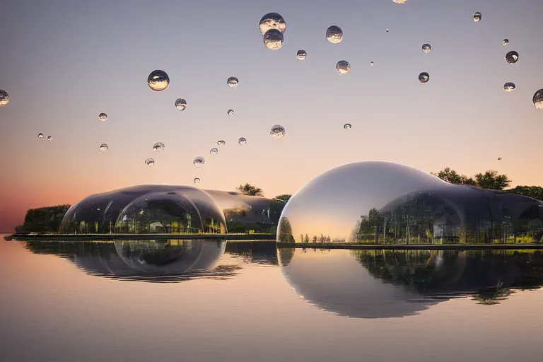 Prompt: a building formed by many white spherical bubbles arranged and combined in space, on the calm lake, people's perspective modern curved architecture, future, award winning, highly detailed 4 k art, dusk, by kazuyo sejima