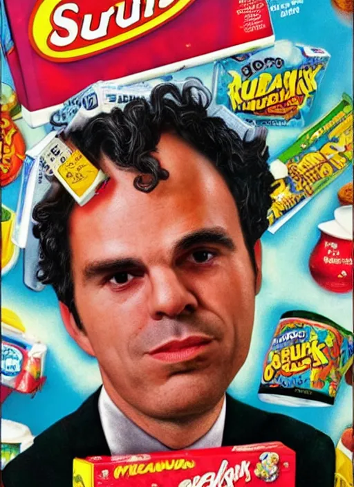 Prompt: surrealist mark ruffalo on a cereal box, recursion