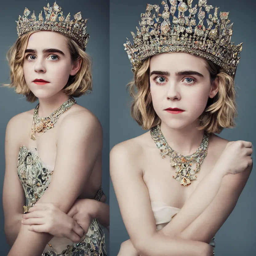 Prompt: kiernan shipka as queen, big crown adorned with emerald, diamonds, topaz and other jewellaries, sensual, beautiful soft light failling on her face, studio photography, nikon 3 5 mm portrait photography, ultra realistic