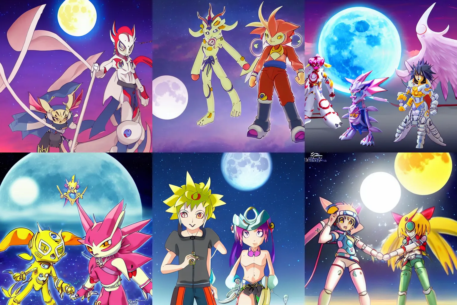 Prompt: sakuyamon and dianamon in front of the moon in poses, night time, moonlight, digimon key art, bandai, artstation, digimon story