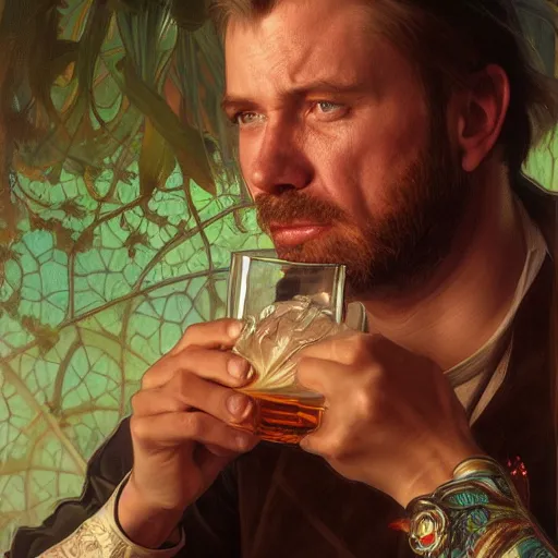 Image similar to portrait painting of john carmac drinking tequilla, ultra realistic, concept art, intricate details, serious, highly detailed, photorealistic, octane render, 8 k, unreal engine. art by artgerm and greg rutk owski and alphonse mucha