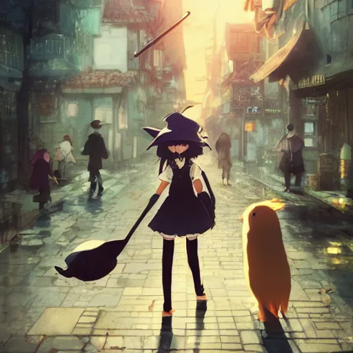 Image similar to anime key visual of a little witch with her capybara mascot walking through busy cities, cinematic lighting, dramatic atmosphere, by dustin nguyen, akihiko yoshida, greg tocchini, greg rutkowski, cliff chiang, 4 k resolution, craig mullins