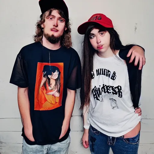 Image similar to 19-year-old girl with shaggy hair standing next to 19-year-old boy with baseball cap, stoner rock and nü metal coexisting, 2022 photograph