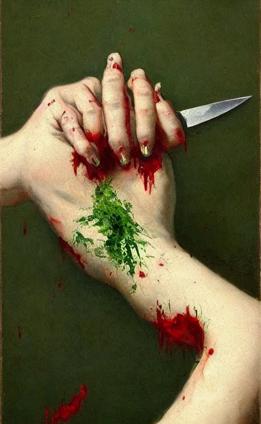 Image similar to by 1 9 th century famous painter, hands, nail polish, blood smear, blood dripping, knife, realism, realistic, oil painting, green wallpaper background