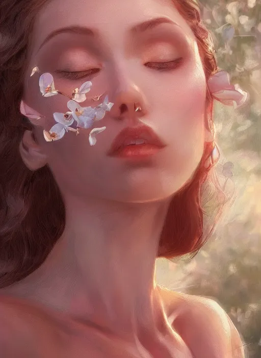 Image similar to stunningly beautiful face, prima ballerina in rose garden, symmetrical face, golden hour, smooth, focus, highly detailed, hyper realistic, dramatic lighting, elegant, intricate, concept art, art by wlop, mars ravelo, greg rutowski, artstation