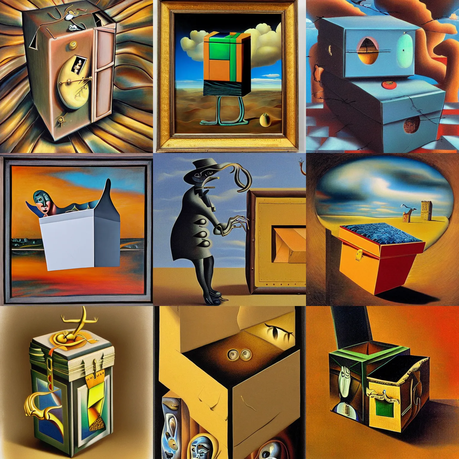 Prompt: a surrealism painting of a box, high detail, in the style of salvador dali.