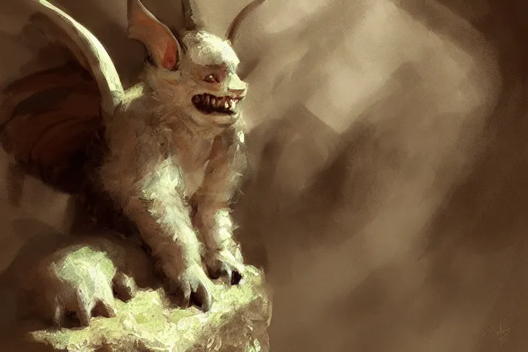 Prompt: A beautiful, safe, comfortable painting of a cute, fluffy gargoyle by Craig Mullins, dramatic lighting, extremely high detail, trending on artstation