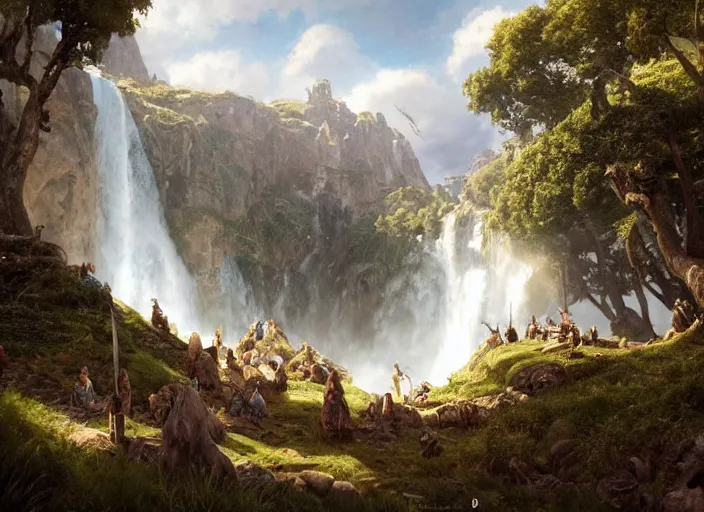 Image similar to medieval adventurers in the shire scenery landscape, lord of the rings, enormous waterfall ruins, rule of thirds, highly detailed, perfect lighting, perfect composition, 4 k, artgerm, derek zabrocki, greg rutkowski