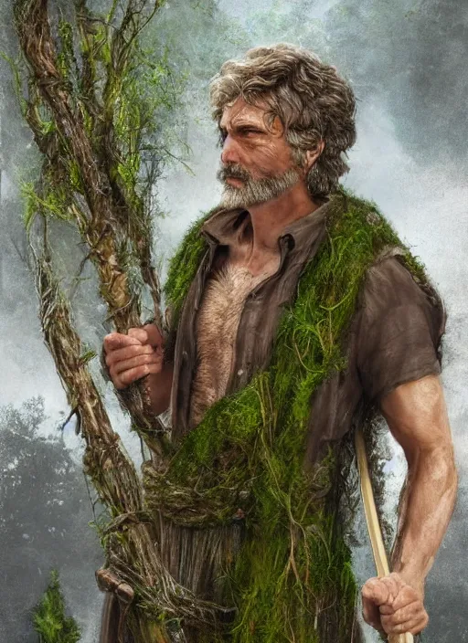 Image similar to a relaxed male middle aged druid in a sleeveless west, short brown hair, stringy, wielding a long staff which is covered in moss, full body, 8 k, hyperrealistic, hyperdetailed, fantasy portrait by laura sava