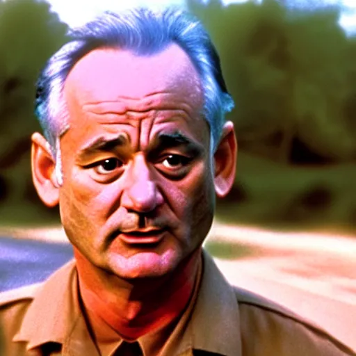 Prompt: cinematic scene with bill murray as forrest gump, dramatic, small details, volumetric lighting, still frame