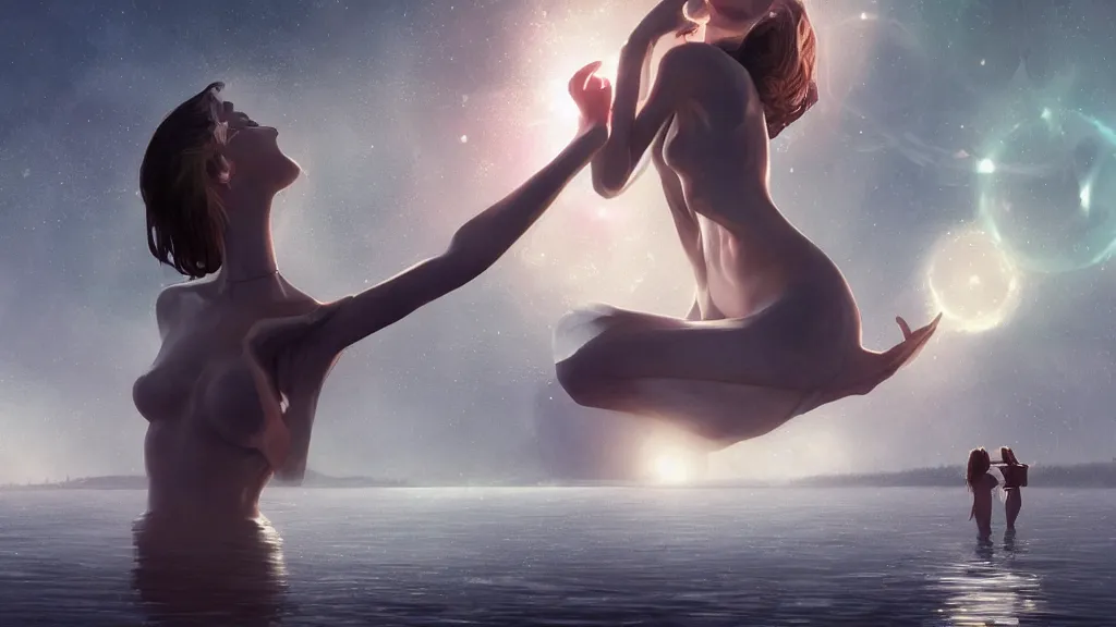 Image similar to whimsical, beautiful enamored women, wearing professional makeup, standing in a lake, raising an arm, under a binary black hole with a ring, by Greg Rutkowski, by Ross Tran, by artgerm, face enhance, volumetric lighting, 4k resolution, octane render, trending on artstation