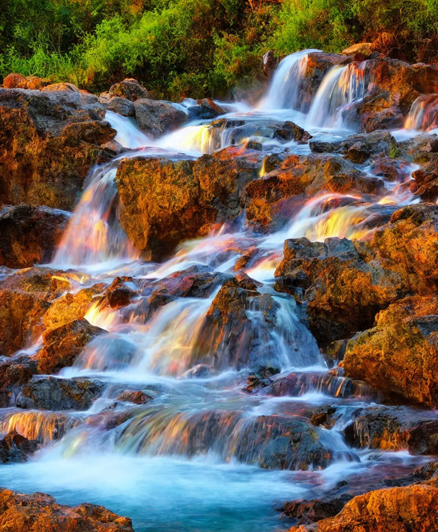 Prompt: a dslr hd picture of glowing colorful waterfall falling from mountains, at the time of sunset, highly detailed