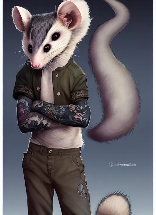 Image similar to character portrait of a male anthro opossum fursona with a tail and a cute beautiful attractive detailed furry face wearing a tanktop and slacks standing outside a city tattoo parlor with arm tattoos. Character design by charlie bowater, ross tran, artgerm, and makoto shinkai, detailed, inked, western comic book art