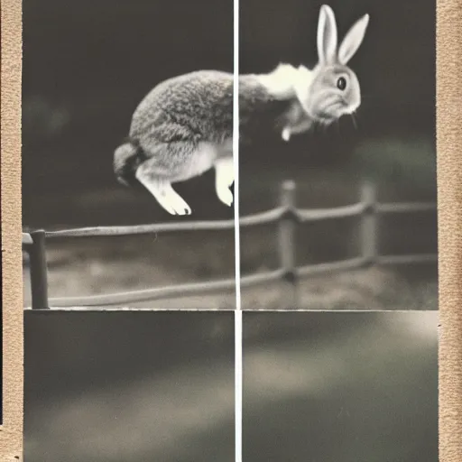 Image similar to a rabbit jumping up over a fence, film strip showing 9 stills