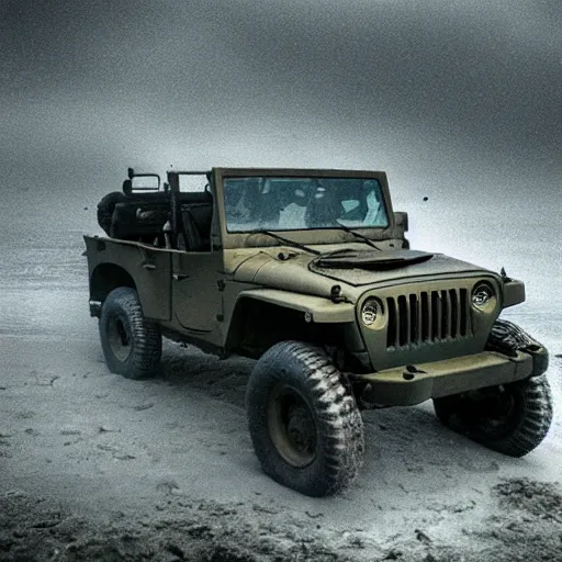 Prompt: eerie murky underwater photo of an upside - down military jeep sinking down. the jeep is inverted. bubbles. 4 k.