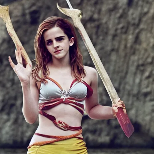 Prompt: emma watson as nami from one piece holding a trident in one hand, award winning photography, cinematic, 50 mm, trending on Twitter
