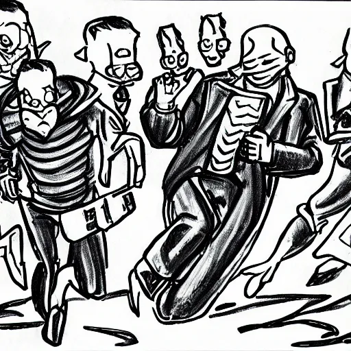 Image similar to drawing of people running away scared from a crypto evil villain