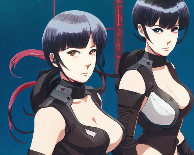 Image similar to anime visual, portrait of 2 buxom female battle sisters, wearing impractical female armour, space station hanger interior, cinematic luts, dynamic pose, dynamic perspective, strong silhouette, anime cels, ilya kuvshinov, crisp and sharp, rounded eyes, moody, cool colors, art style by kevin siembieda, palladium books