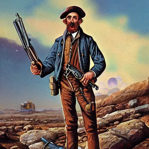 Prompt: 19th century scruffy american holding a rifle, on mars, pulp science fiction illustration