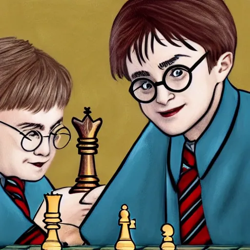 Prompt: harry potter playing chess with an alien and winning in a school, portrait