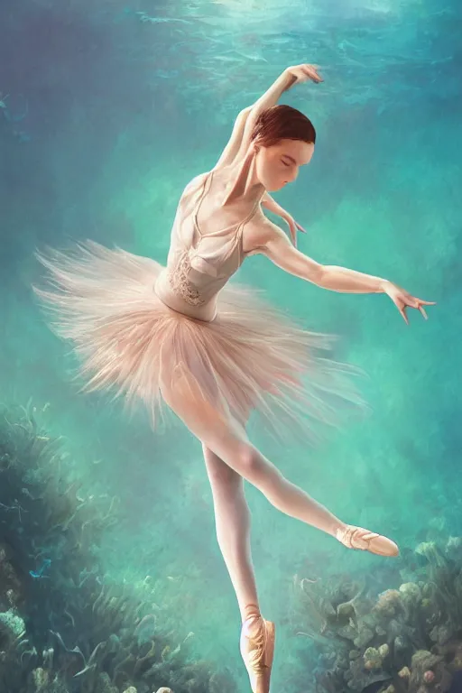 Image similar to ballerina alone at the bottom of the great barrier reef by jaques cousteau, digital art, smooth, focus, highly detailed, hyper realistic, intricate, concept art, art by wlop
