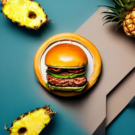 Image similar to a juicy hamburger with pineapple, 8 k resolution, food photography, studio lighting, sharp focus, hyper - detailed