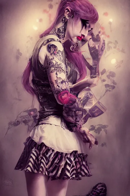 Image similar to Beautiful female, full body, Alice in wonderland, punk rock, piercings, tattoos, skirt, midriff, dramatic lighting, cinematic, establishing shot, extremely high detail, foto realistic, cinematic lighting, post processed, concept art, high details, cinematic, 8k resolution, beautiful detailed, photorealistic, digital painting, artstation, concept art, smooth, sharp focus, artstation trending, octane render, unreal engine