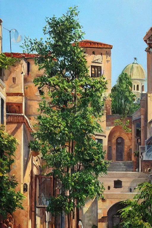 Image similar to painting of view of old European city with mix of middle eastern architecture fusion, greenary trees between houses, photoreal, stunning atmosphere landscape painting by Charles Leickert