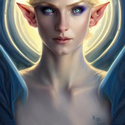 Image similar to half elf sorceress casting a blue spell, D&D, blue eyes, blonde hair, fantasy, intricate, elegant, highly detailed, digital painting, artstation, concept art, smooth, sharp focus, illustration, art by artgerm and greg rutkowski and alphonse mucha