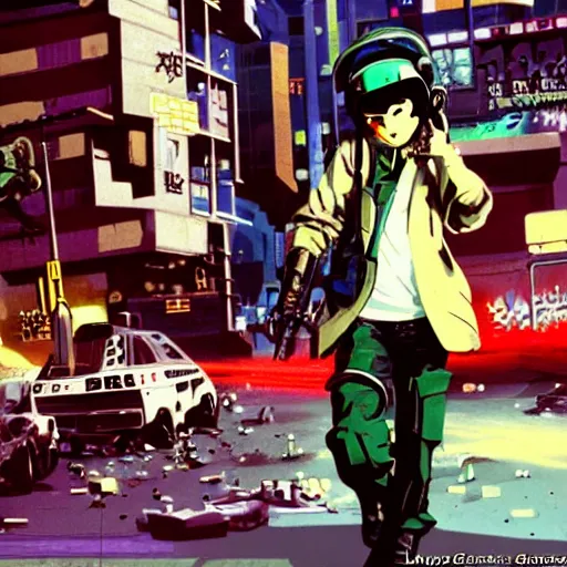 Image similar to 1991 Video Game Screenshot, Anime Neo-tokyo Cyborg bank robbers vs police shootout, bags of money, Police officer hit, Bullet Holes and Blood Splatter, Hostages, Cyberpunk, Anime VFX, Violent, Action, MP5S, FLCL, Highly Detailed, 8k :4 by Katsuhiro Otomo + Studio Gainax + Arc System Works : 8