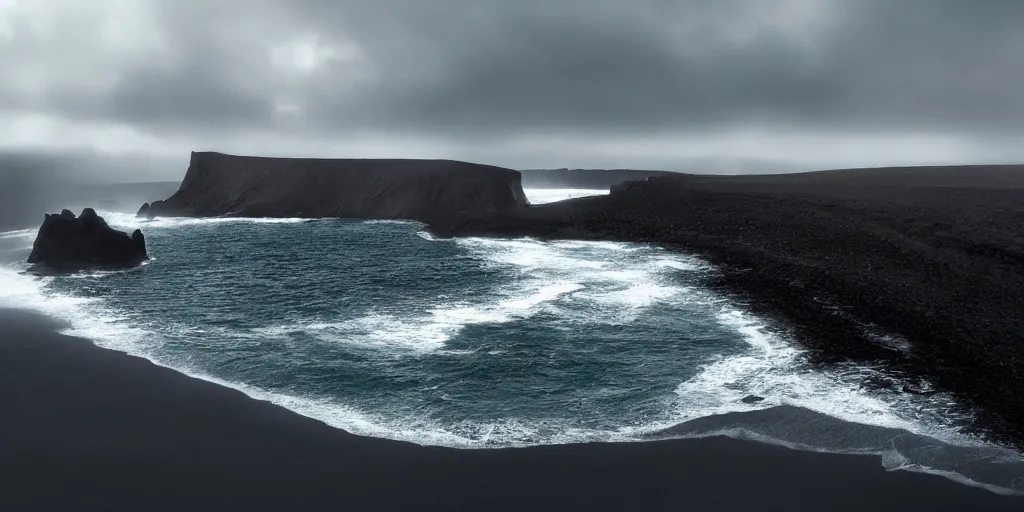 Image similar to icelandic coast. black sand. dramatic sky. cinematic. intricate. mist. low angle wide shot. highly detailed. matte painting in the style of craig mullins.