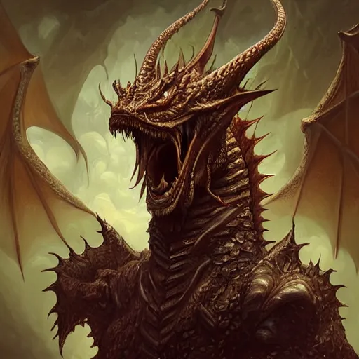 Image similar to dragon character concept portrait, profile picture, eldritch abomination, oil painting, cinematic, intricate complexity, rule of thirds, in the style of Adam Paquette, Svetlin Velinov, Daarken, Artgerm, Keith Thompson, and Eric Deschamps, face by Artgerm and WLOP, magic the gathering art