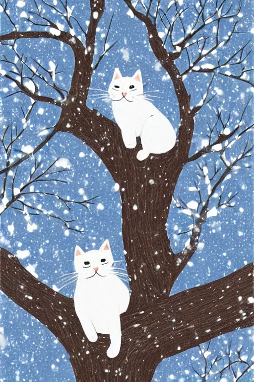 Image similar to white cat in the tree in winter day in the style ofukiyo-e