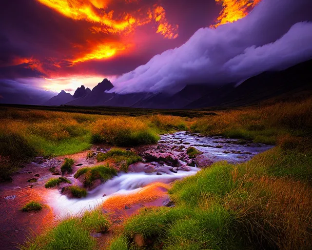 Prompt: landscape photography by marc adamus, stream, sunset, dramatic lighting, mountains, clouds, beautiful