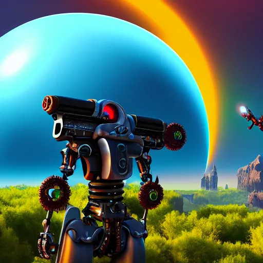 Image similar to gigantic cyborg shooting gothic world planet, fantastic landscape, bright colors, hyperrealism, 4 k resolution, ultra detailed